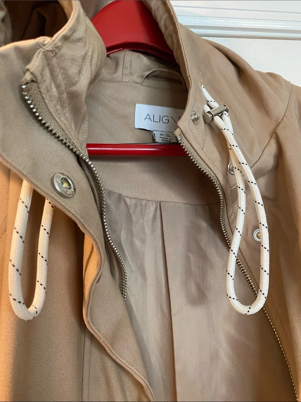 Aligne 98% Organic Cotton Long Hooded Double Zip Trench Coat NWOT